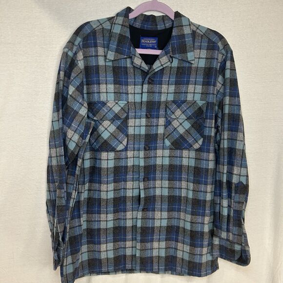 Pendleton Board Shirt Mens Large Blue Gray Wool 1961 Surf Plaid Beach Boys - Picture 1 of 8